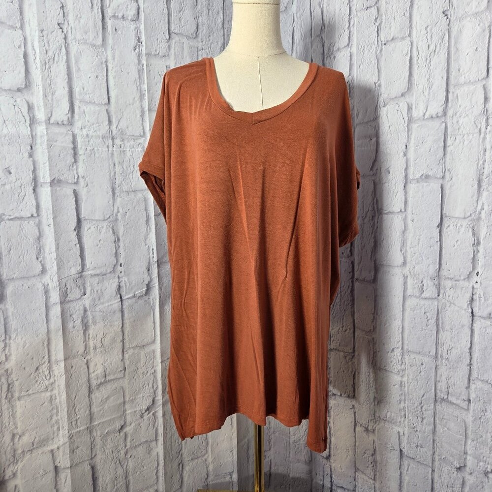 Tahari Woman Plus 2XL Orange V Neck Side Slit Short Sleeve T-Shirt Comfy Casual